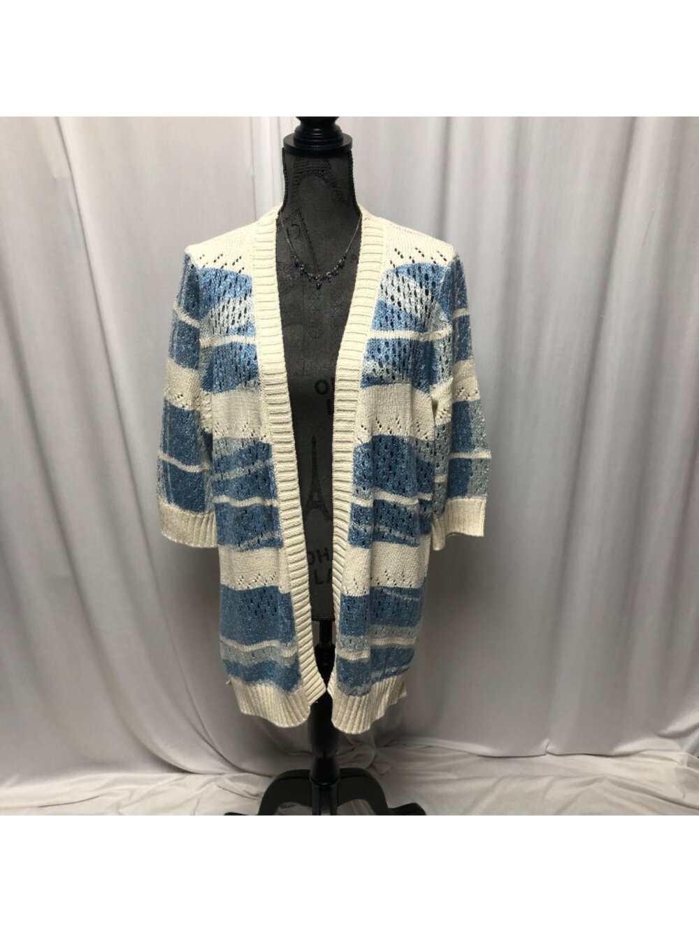 Norm Thompson Cardigan Womens 2X Blue Cream Striped Knit Open Front Sweater